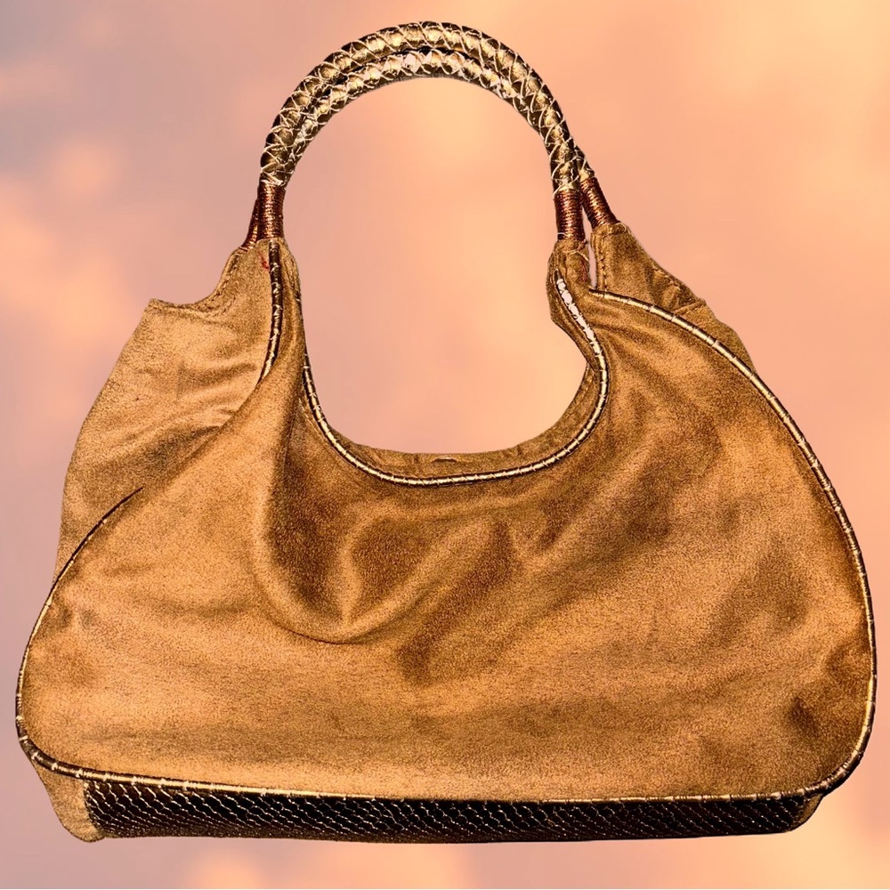 Obagi Tan Suede Hobo Shoulder Bag | Braided Handle | Y2K Vintage